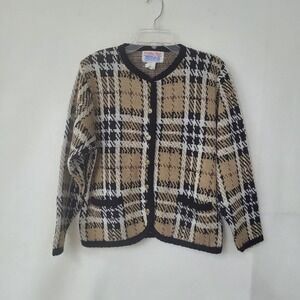 Vintage Tally-Ho Creation Plaid‎ Cardigan Sweater Womens Size L Button Front